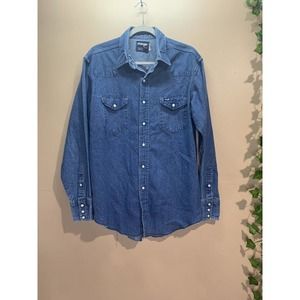 Vintage Wrangler Pearl Snap Denim Shirt Mens Sz17 1/2-35 X-Long Tail Dark Blue